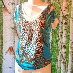 Vintage Y2K Designer Animal Print Crown Rhinestone Maximalist V Neck Tee